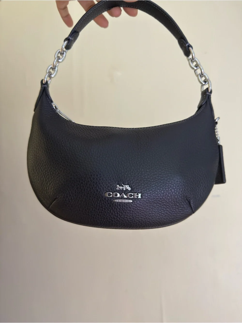 Coach Payton Black Pebbled Leather Shoulder Hobo with Chain Accent